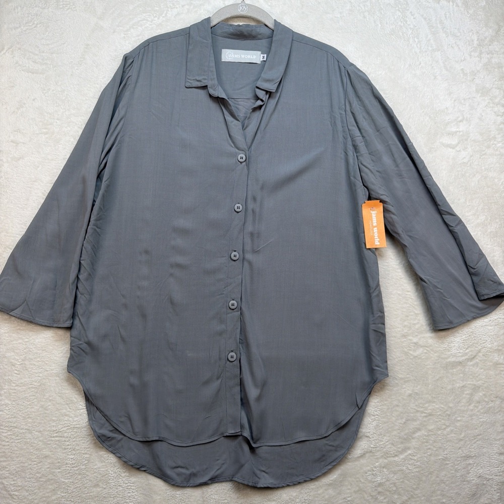 Jams World Blouse Womens Medium Gray Button Up 3/4 Sleeve Made Hawaii Rayon‎